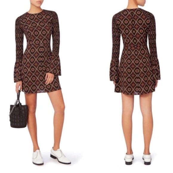 A.L.C. Alexa Smocked Printed 6 Silk Mini Dress Long Bell Sleeve - Picture 1 of 9